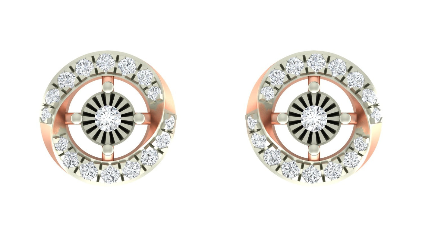 Pair of rose gold earrings with diamond accents on a white background