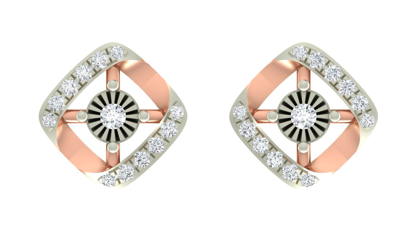 Pair of rose gold earrings with diamond accents on a white background