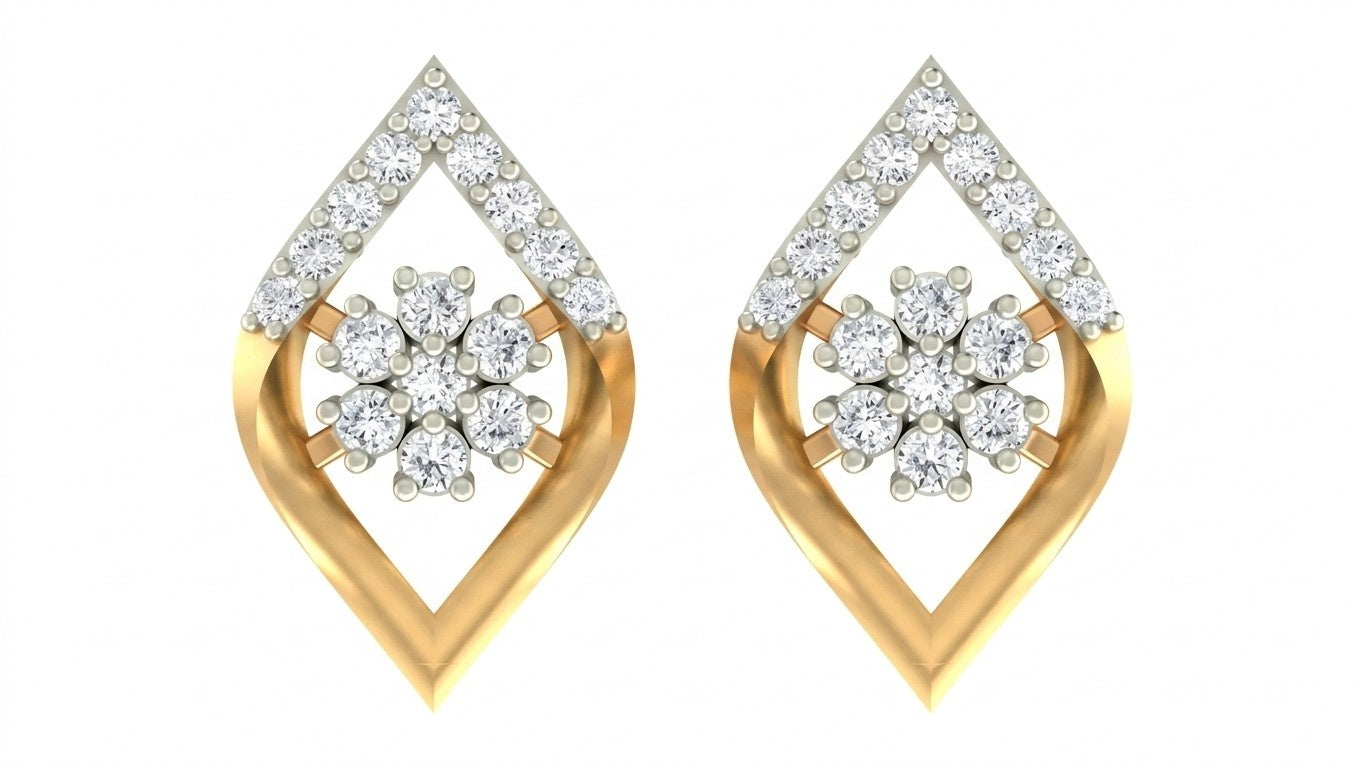 Elegant yellow gold floral stud earrings featuring a natural diamond flower cluster on a white background.