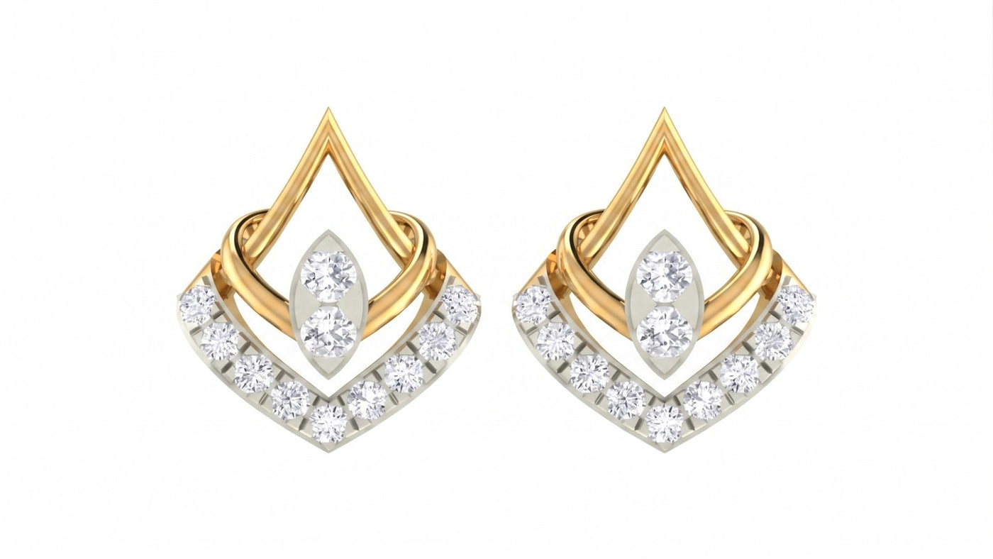 Pair of yellow gold and diamond geometric stud earrings on a white background