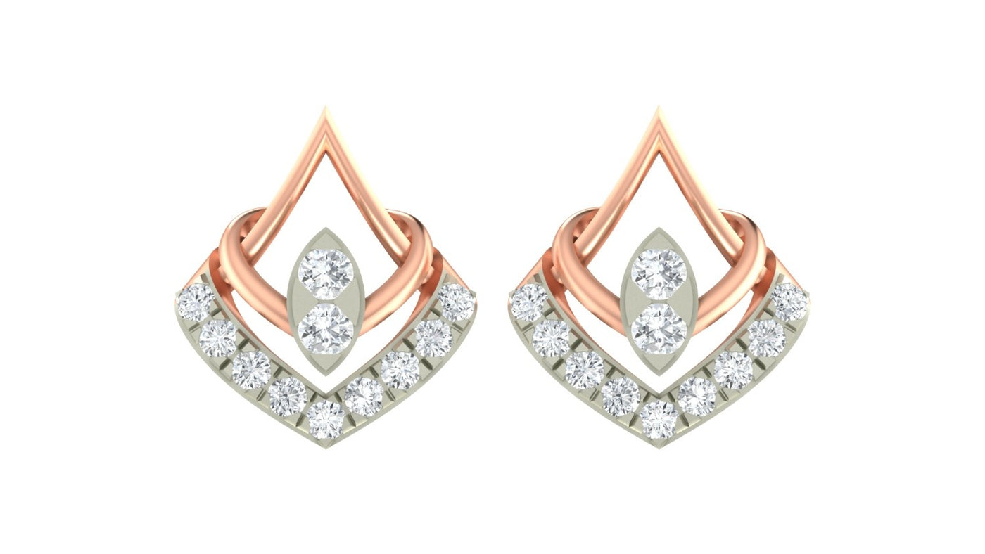 Pair of rose gold and diamond geometric stud earrings on a white background