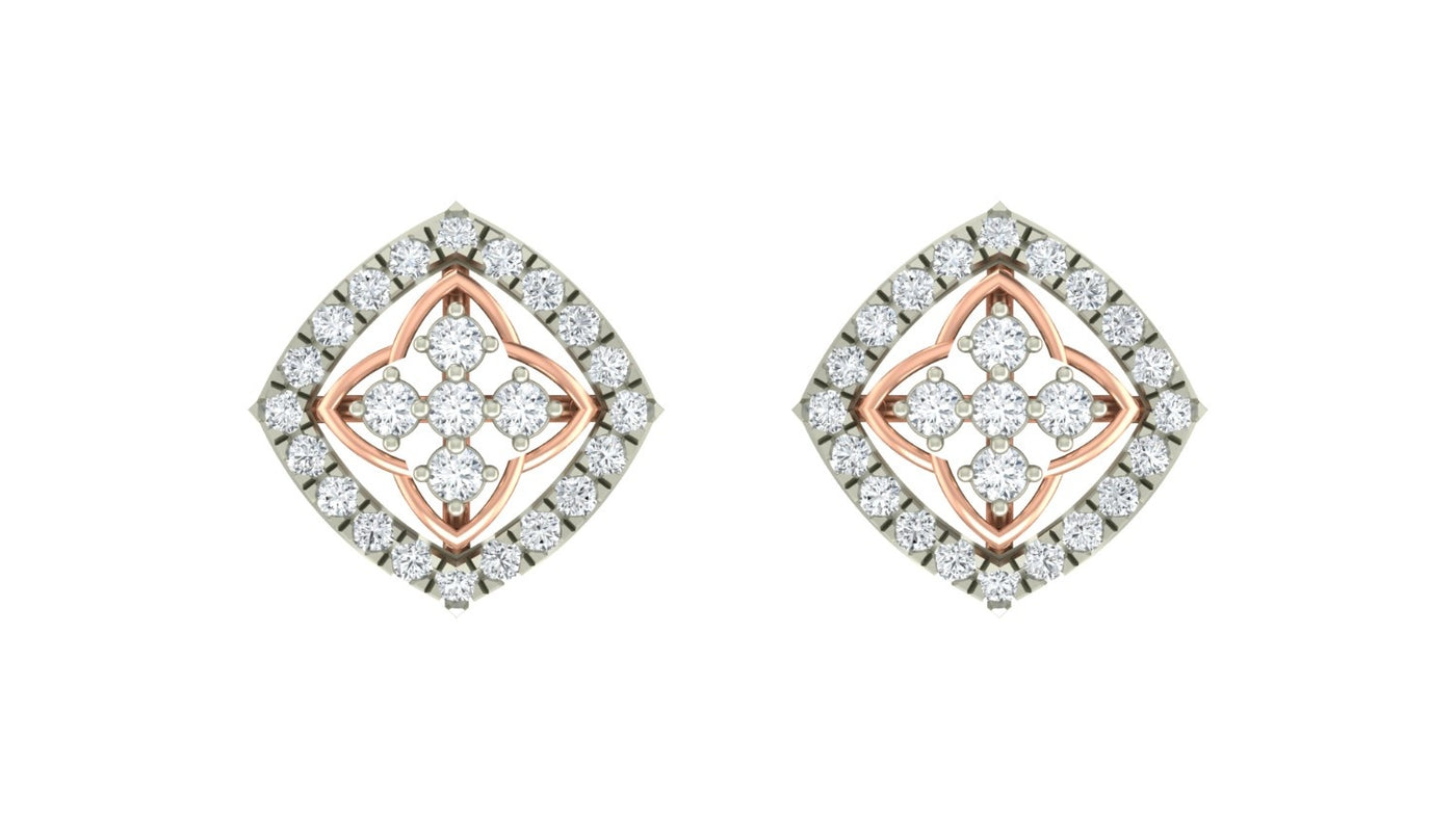 Pair of rose gold and diamond stud earrings on a white background.