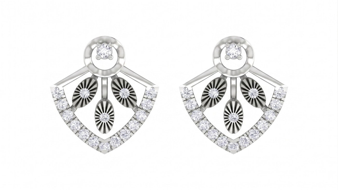 Pair of white gold and diamond earrings with diamond accents on a white background.
