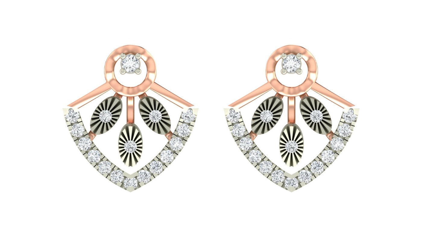 Pair of rose gold and diamond earrings with diamond accents on a white background.
