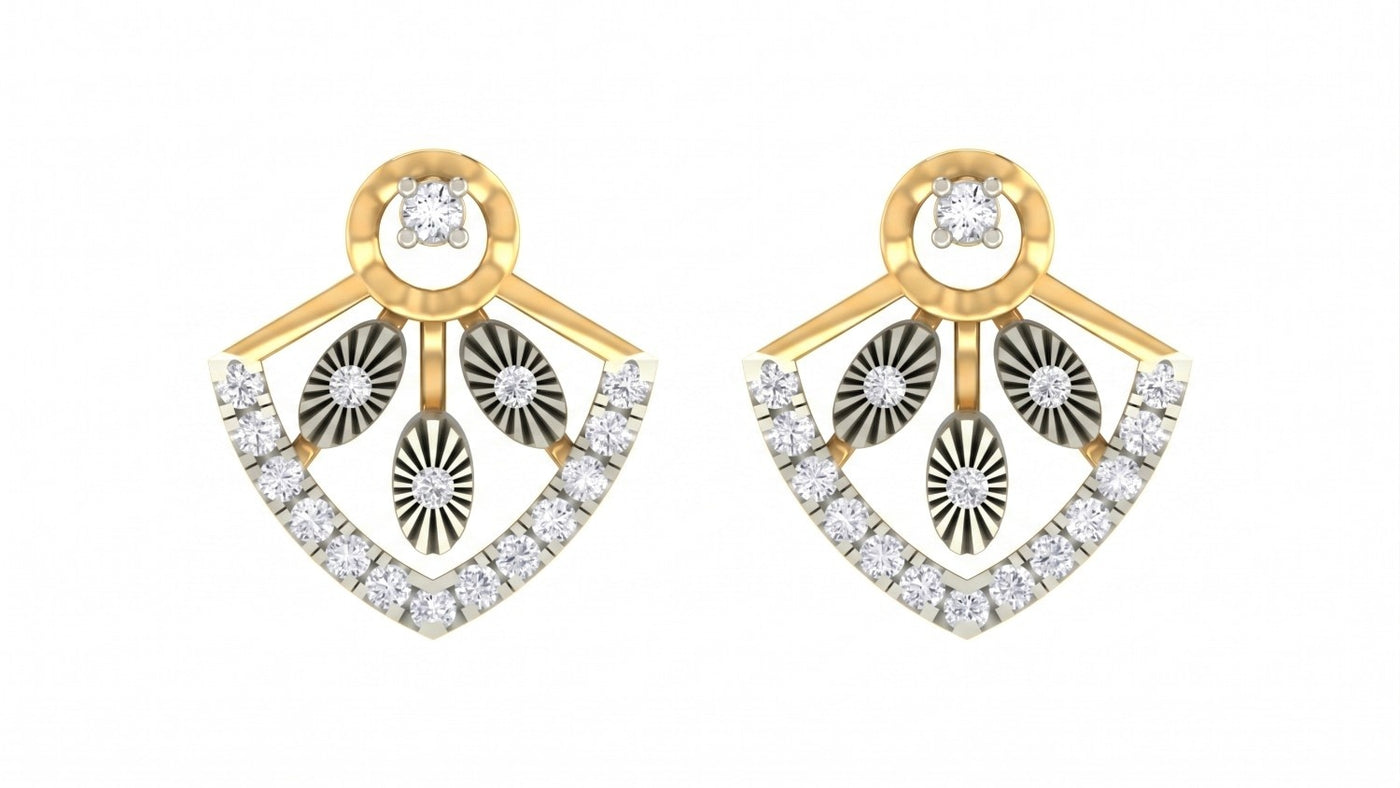Pair of yellow gold and diamond earrings with diamond accents on a white background.