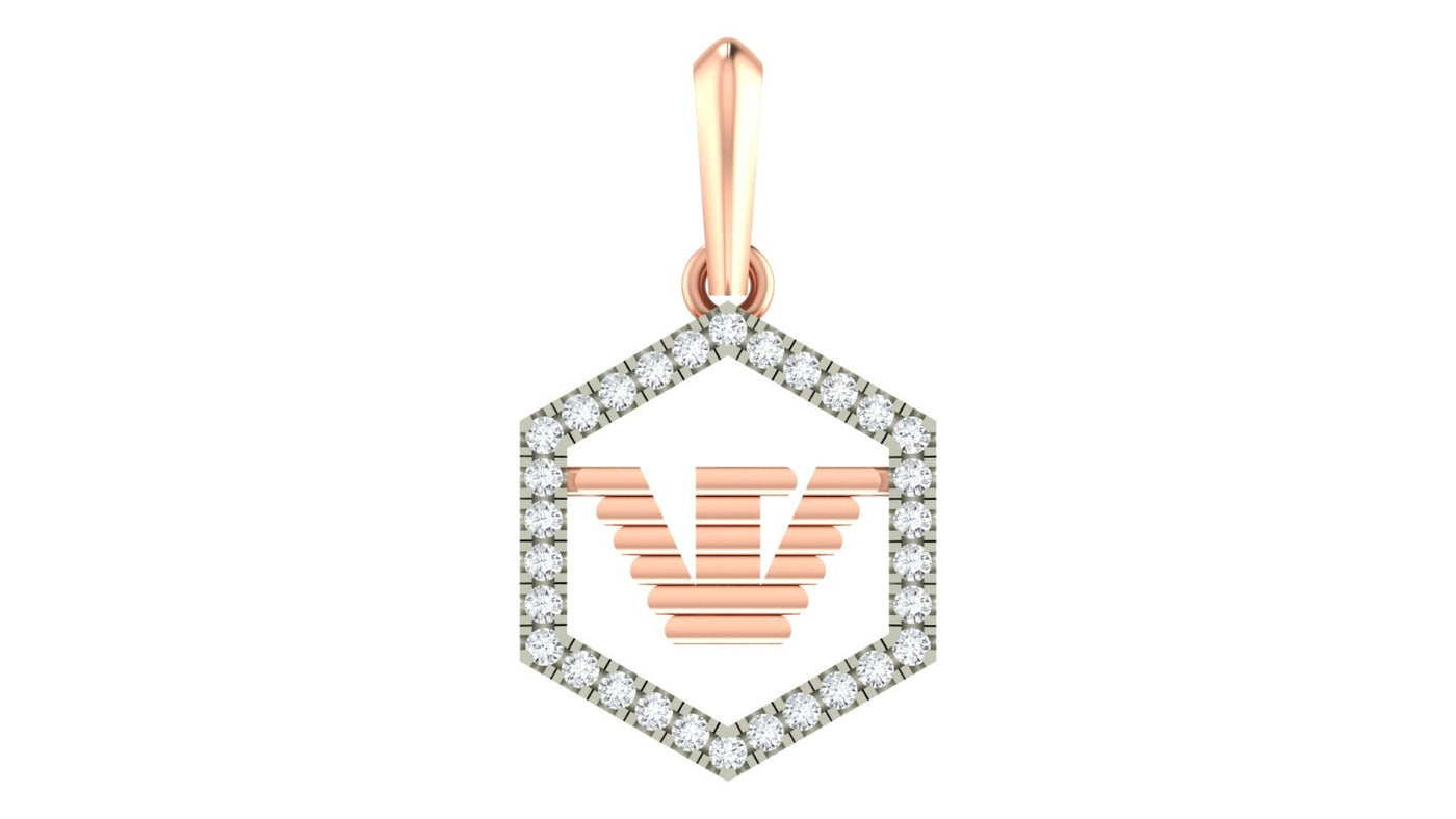 Rose gold and diamond hexagonal shape pendant on a white background

