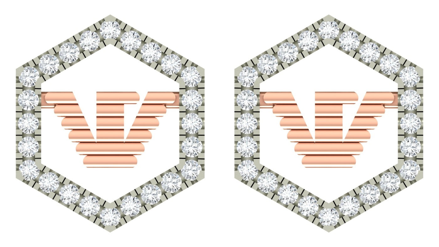 Pair of rose gold and diamond-studded hexagonal frames earrings on a white background.