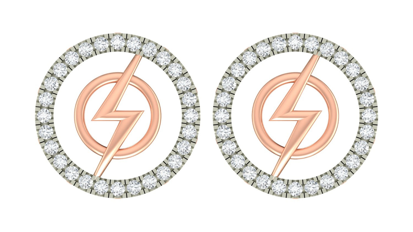 Pair of rose gold earrings round-shaped with diamond-studded circular frames on a white background.