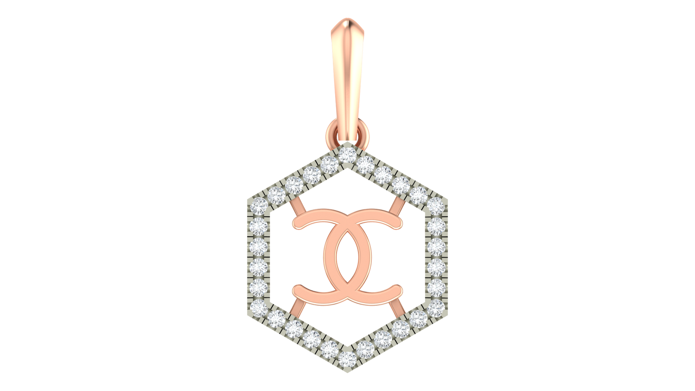 Rose gold pendant with diamond on a white background