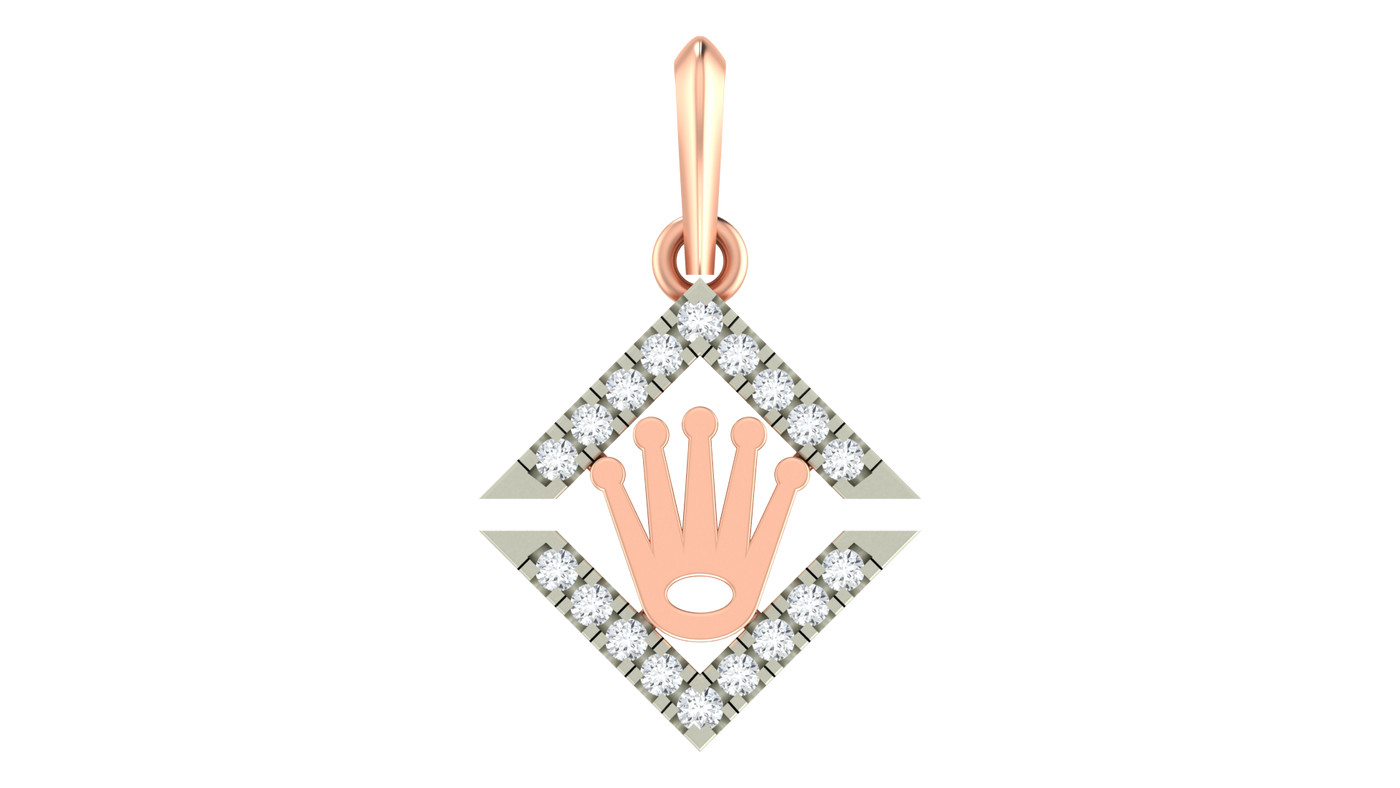 Rose gold pendant with diamond accents on a white background
