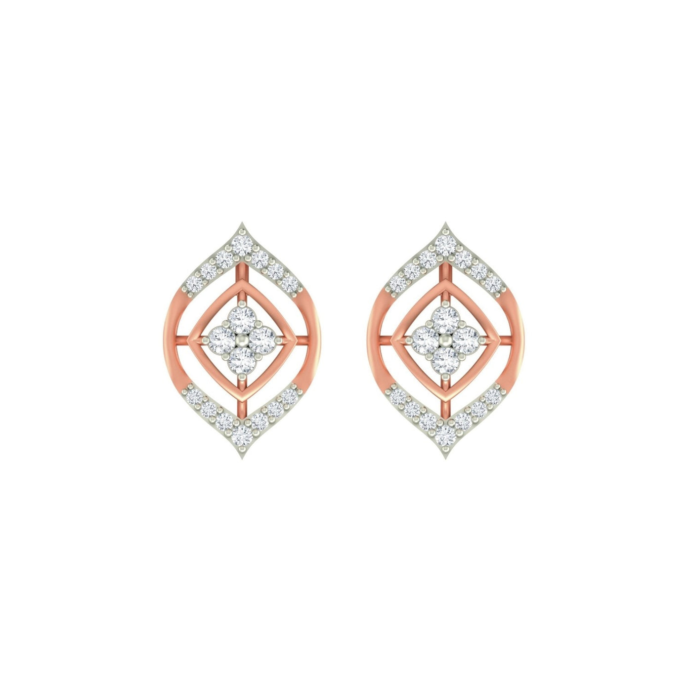 Pair of rose gold and diamond stud earrings on a white background.