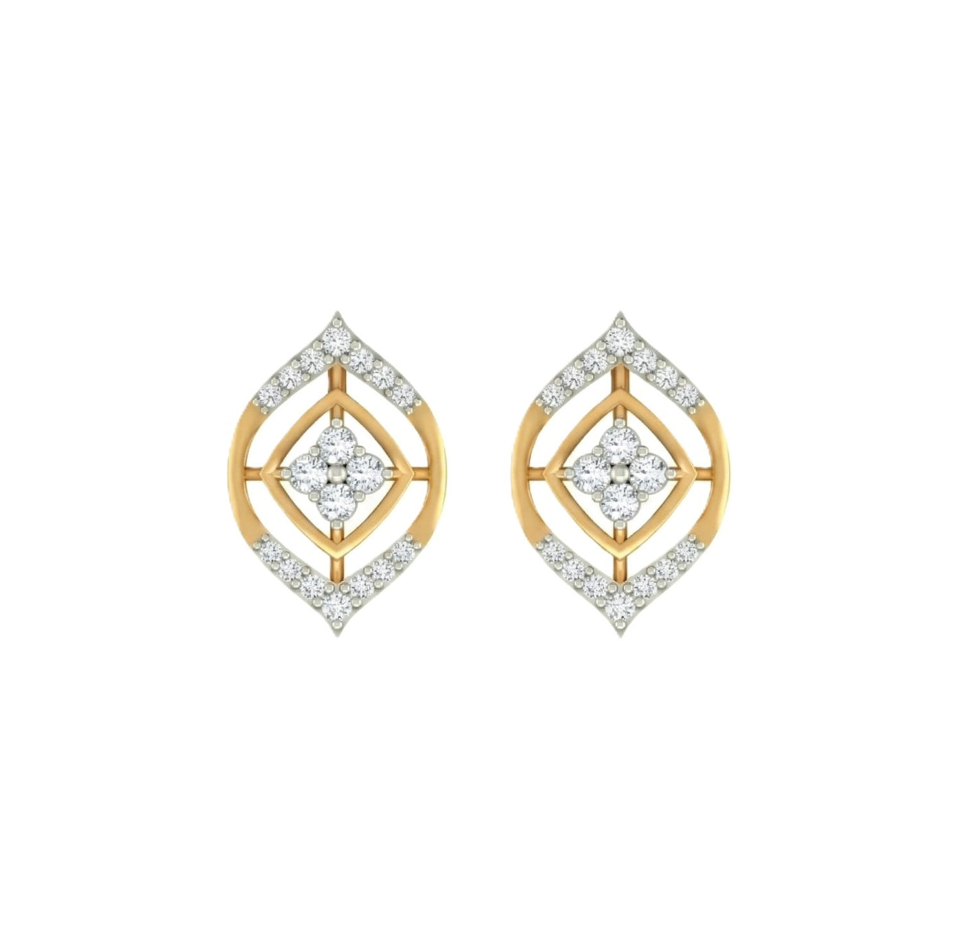 Pair of yellow gold and diamond stud earrings on a white background.