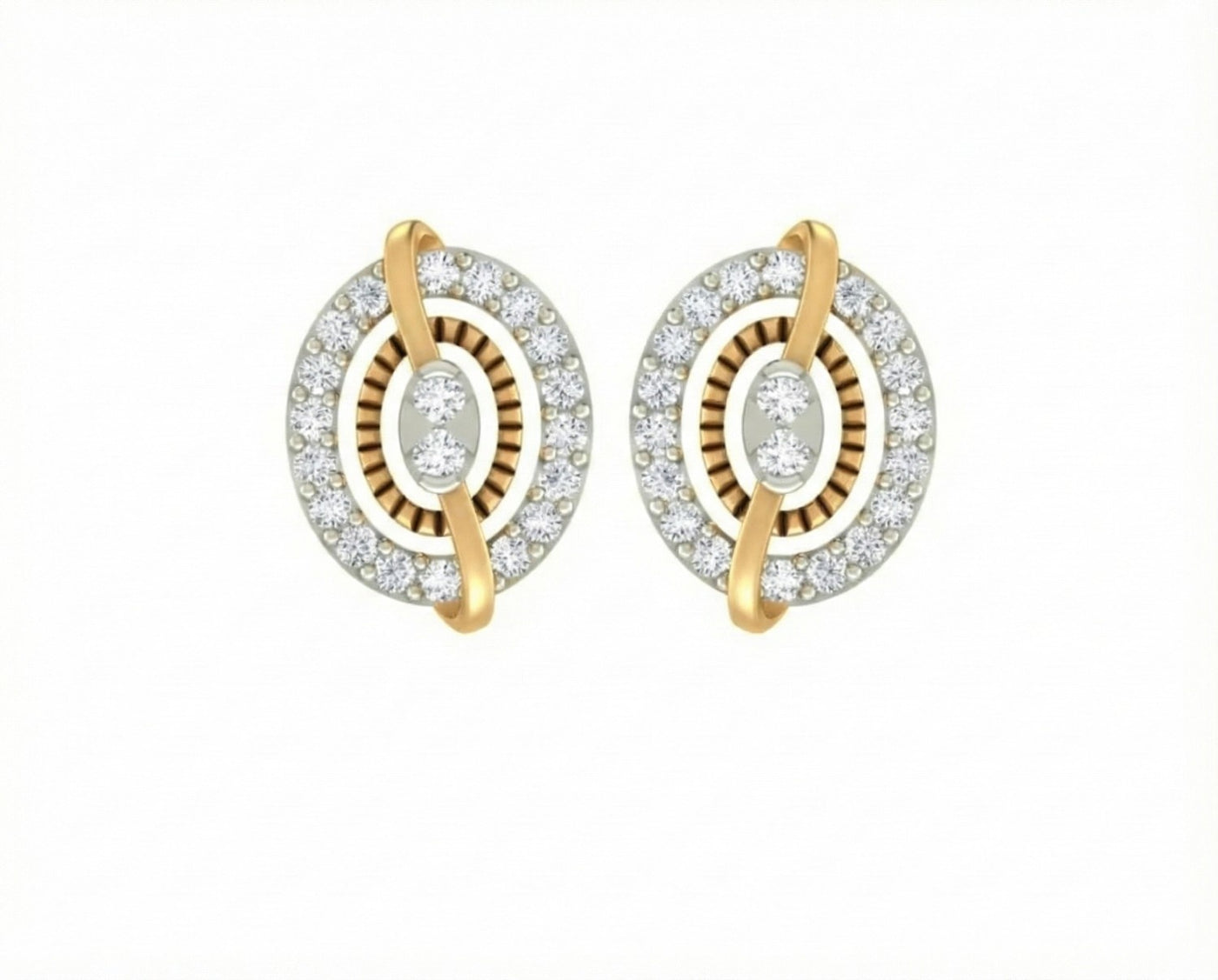 Yellow gold and diamond stud earring with round-shaped on a white background.