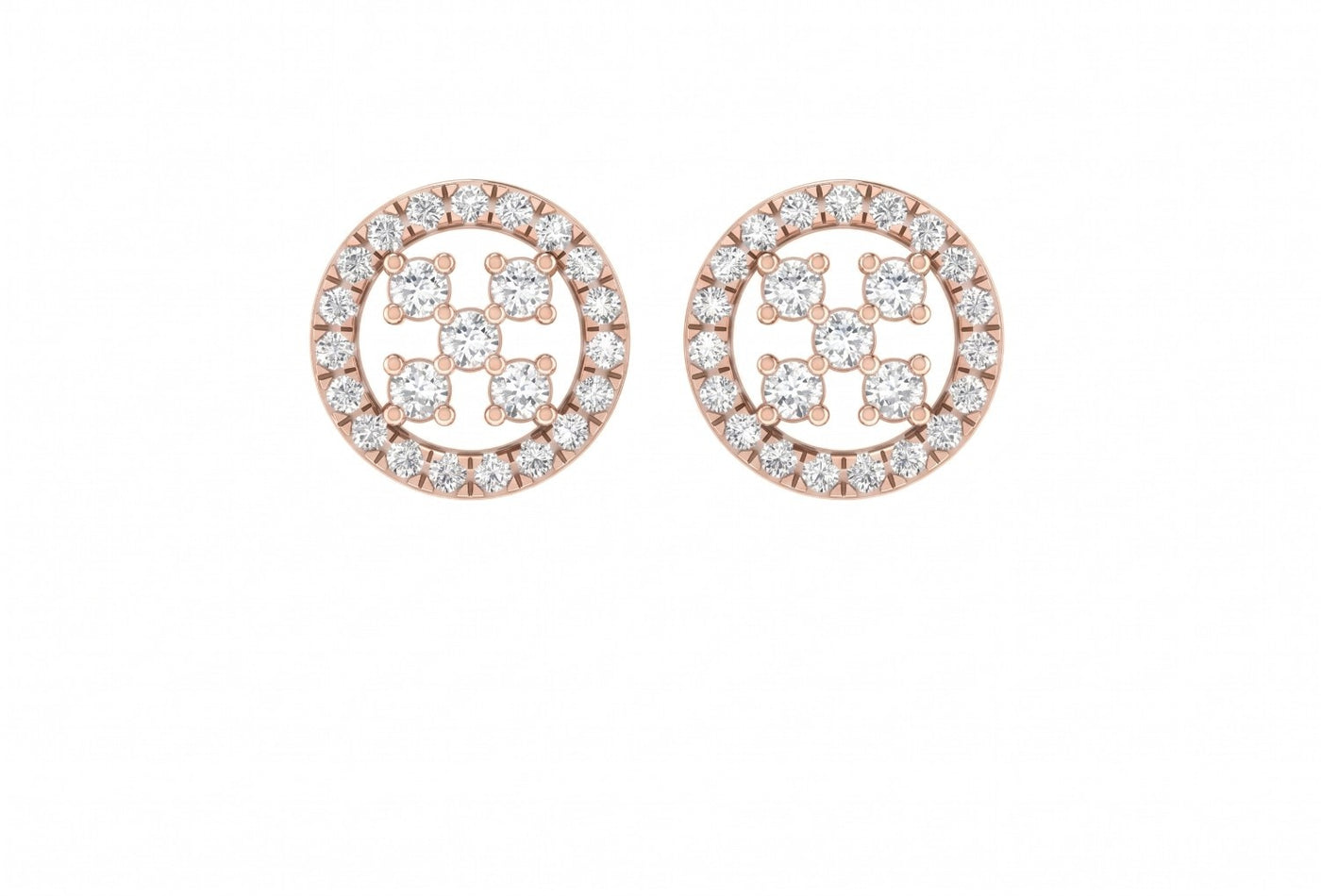 Rose gold and diamond round-shaped earrings with a central design  on a white background.