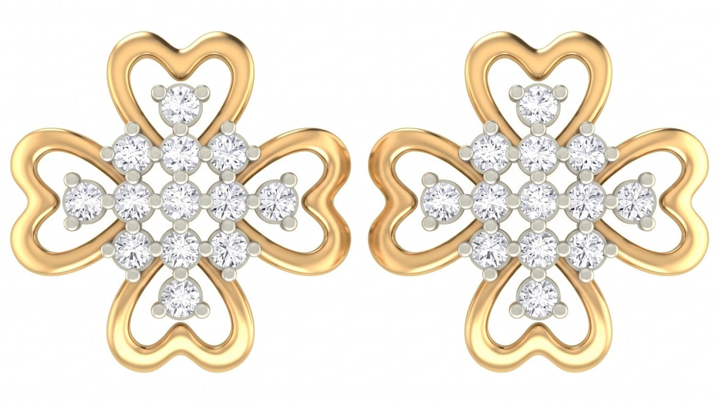 Yellow gold and diamond stud earrings with floral-design on a white background