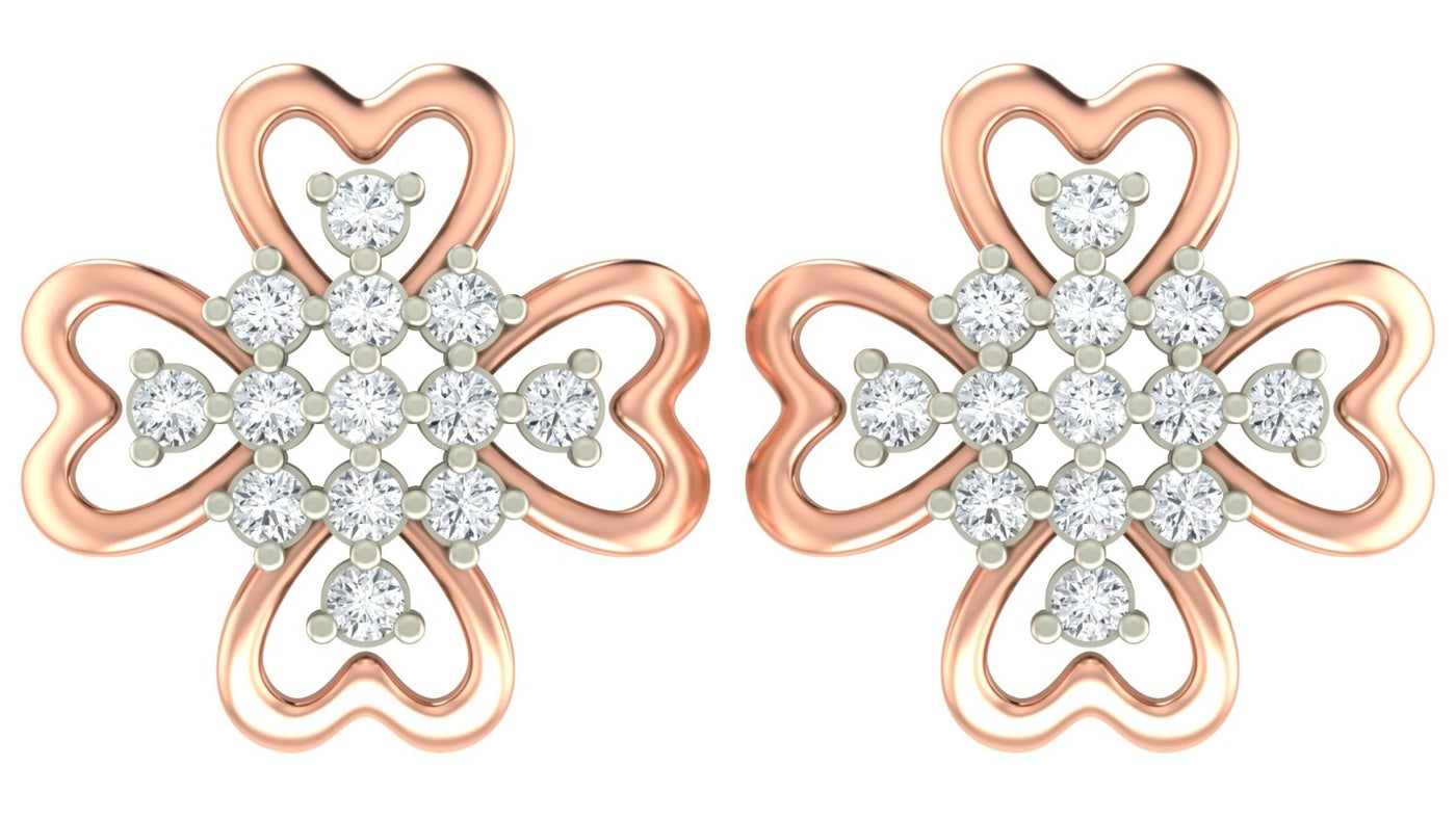 Rose gold and diamond stud earrings with floral-design on a white background