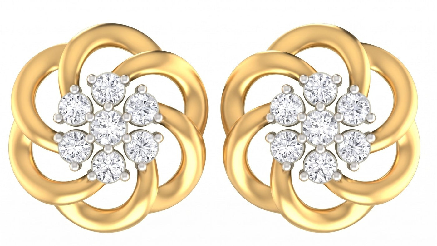 Yellow gold and diamond stud earring with flower-shaped on a white background.