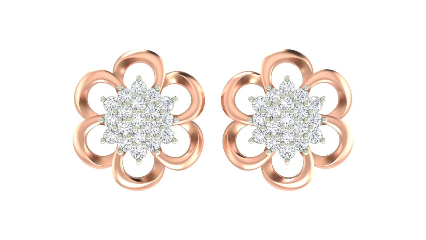 A pair of rose gold flower-shaped stud earrings with clear gemstones in the center, set against a plain white background.