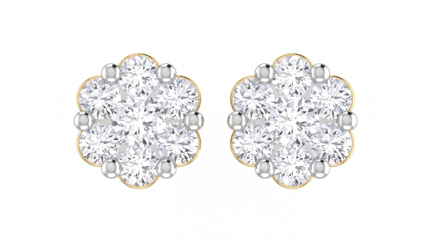 Yellow gold and diamond stud earring with floral-design on a white background.