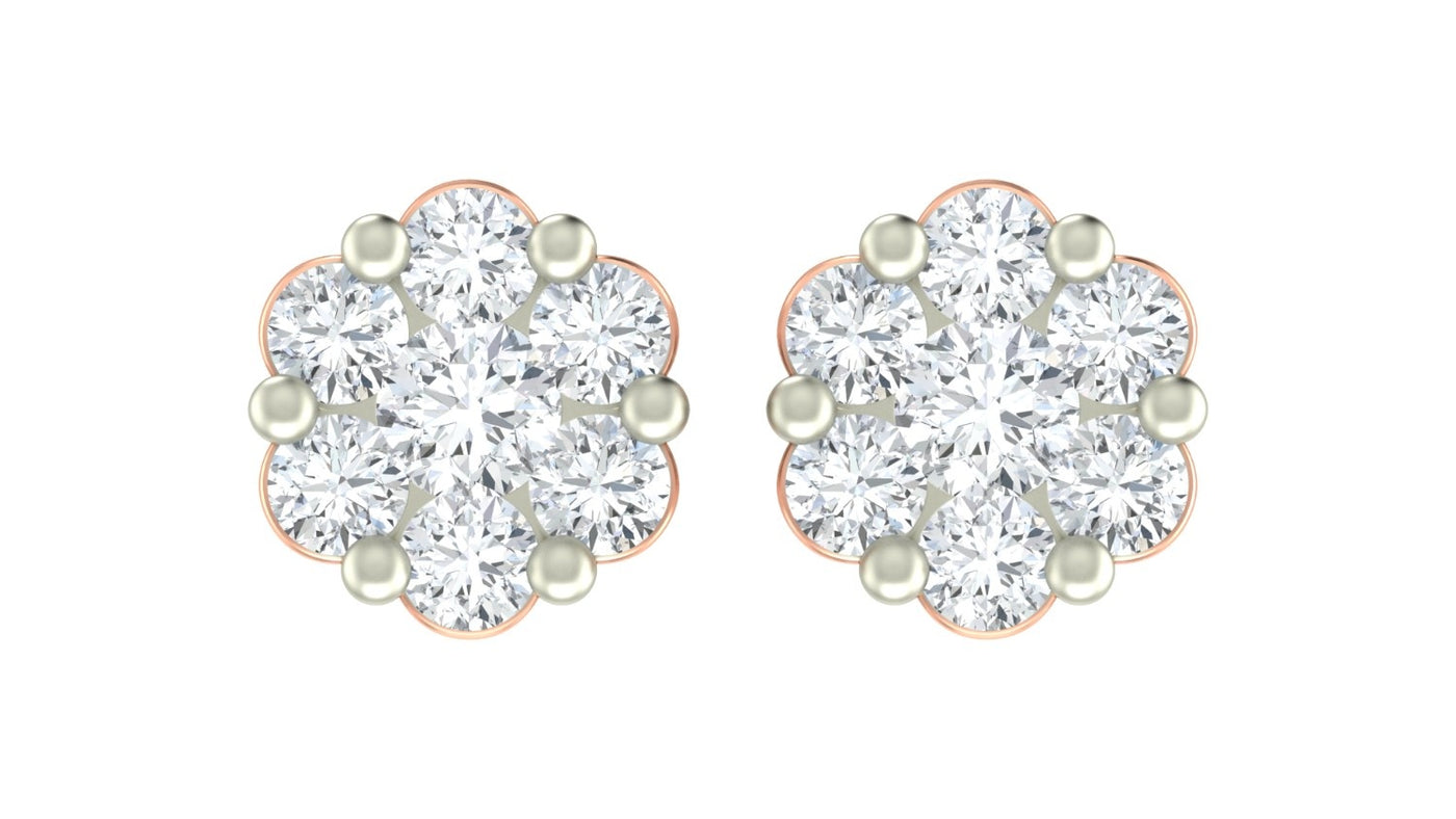 Rose gold and diamond stud earring with floral-design on a white background.