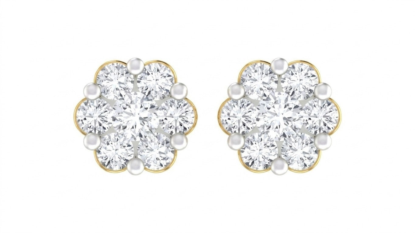 Pair of yellow gold and diamond floral-design stud earrings on a white background.
