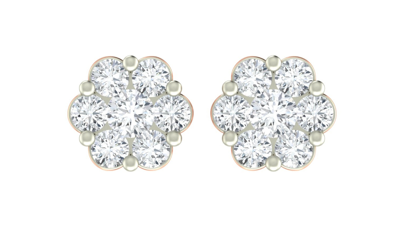Pair of rose gold and diamond earrings on a white background
