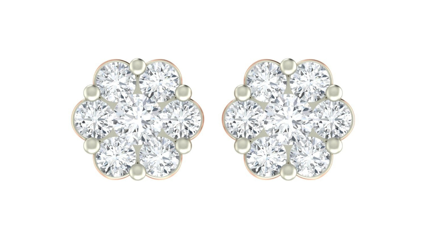 Pair of rose gold and diamond earrings with floral design on a white background.