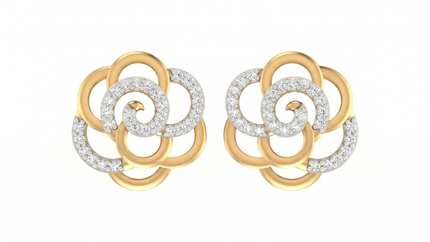 Yellow gold and diamond stud earring with floral-design on a white background.