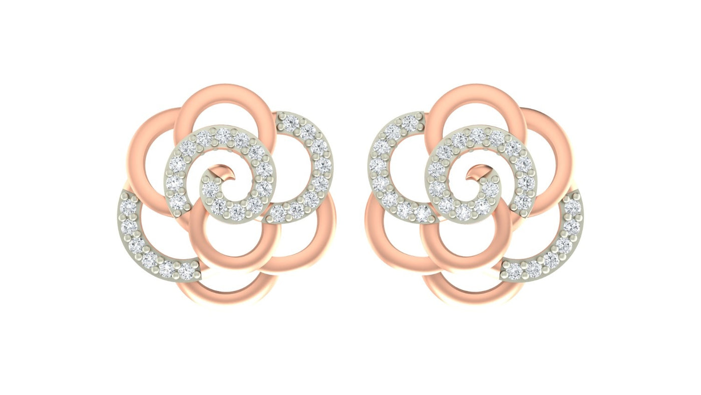Rose gold and diamond stud earring with floral-design on a white background.