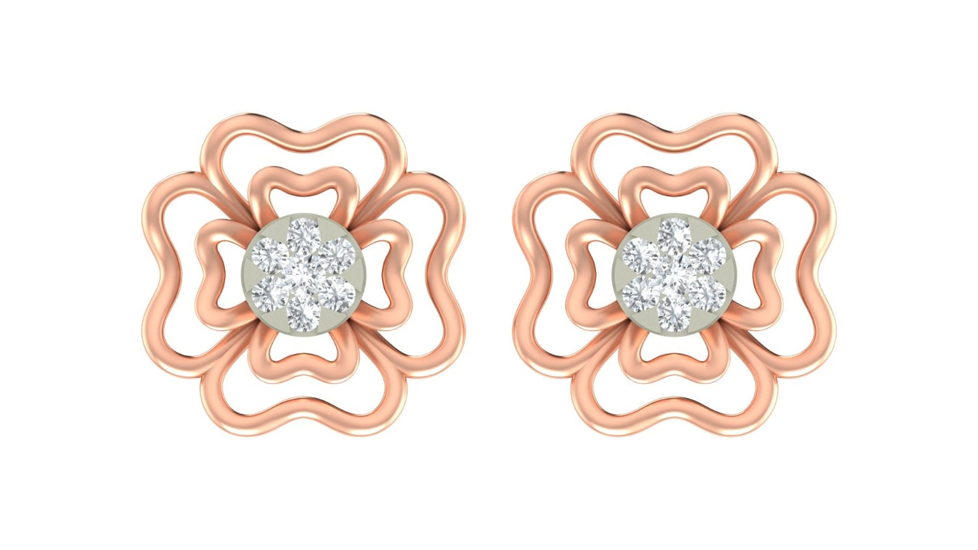 Rose gold and diamond floral stud  earrings on a white background