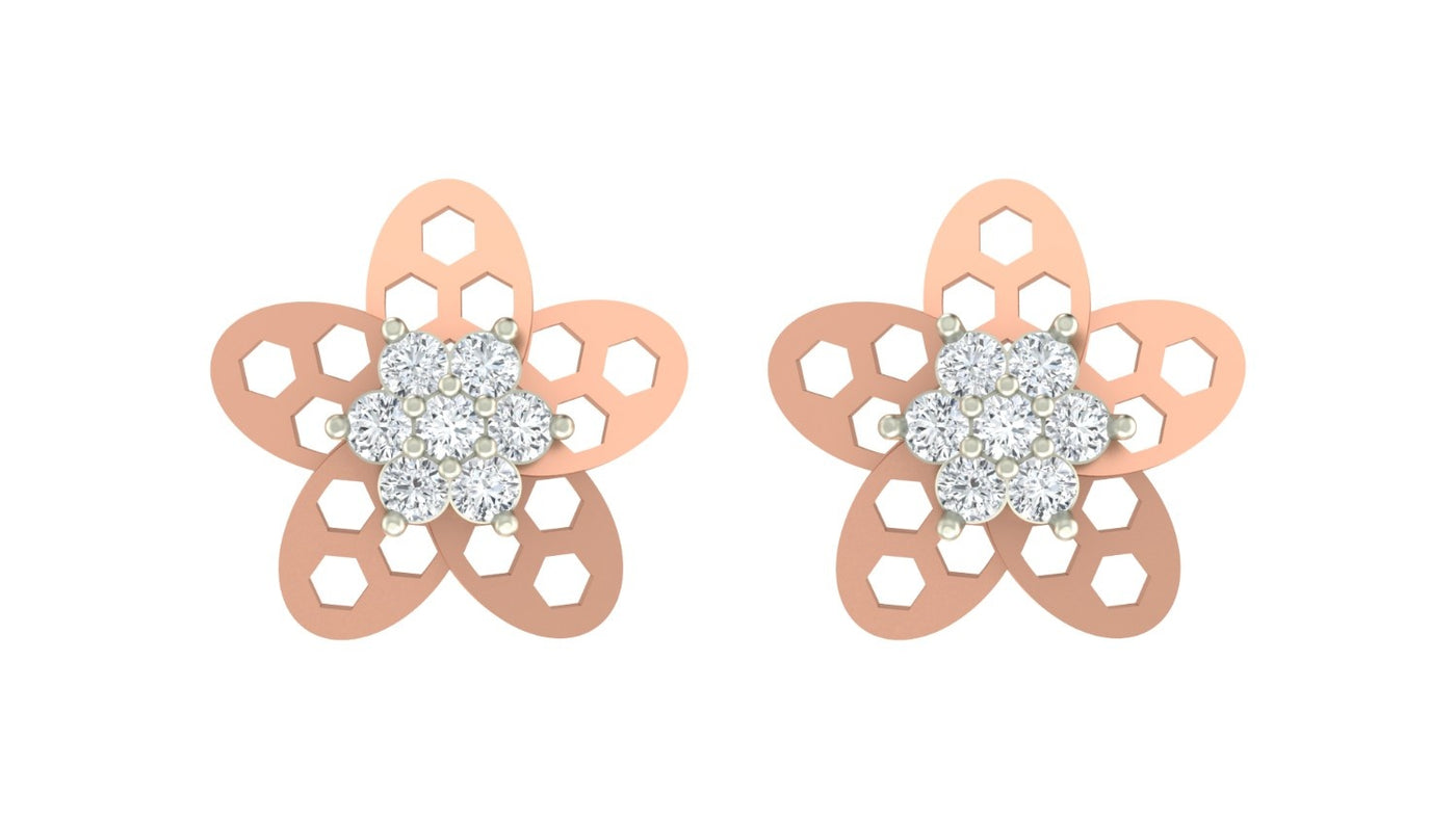 Rose gold and diamond stud earring with  floral design on a white background