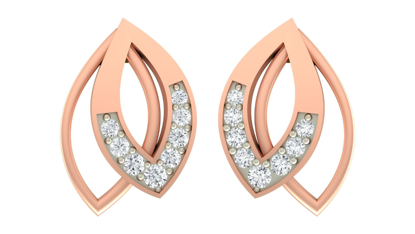 Rose gold and diamond earrings on a white background.