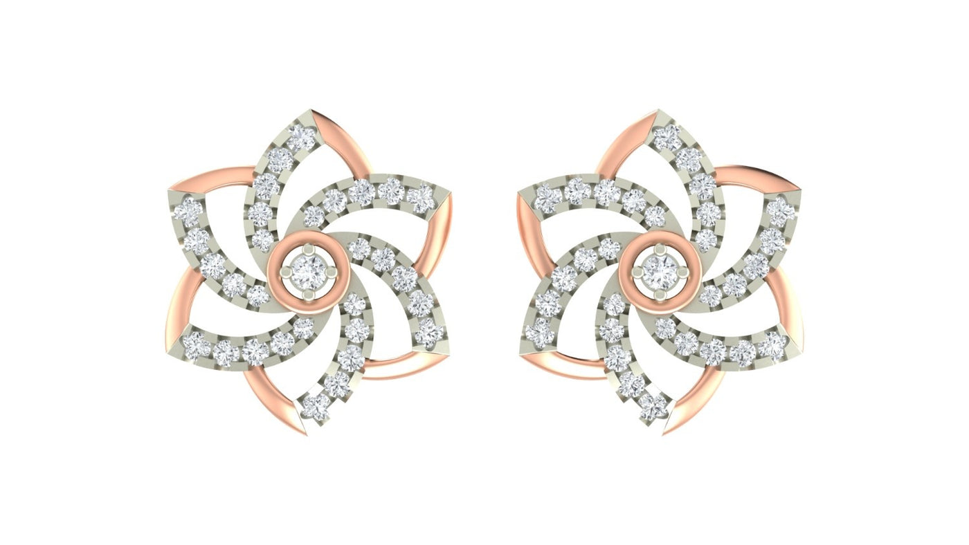 Pair of rose gold and diamond floral-design stud earrings on a white background