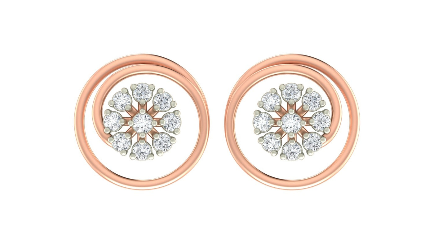 Rose gold and diamond stud earrings with circular designs on a white background