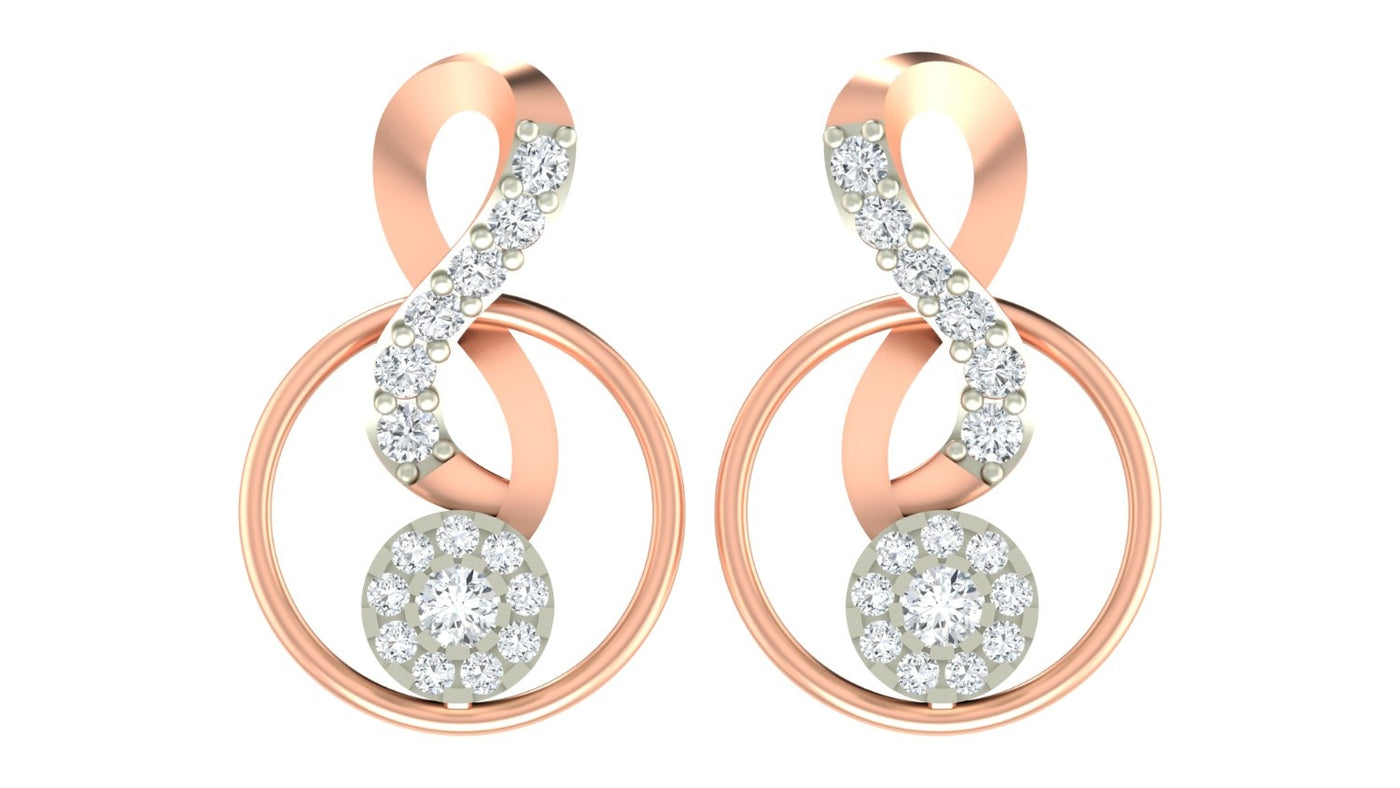 Rose gold and diamond stud earring with round-shaped on a white background.