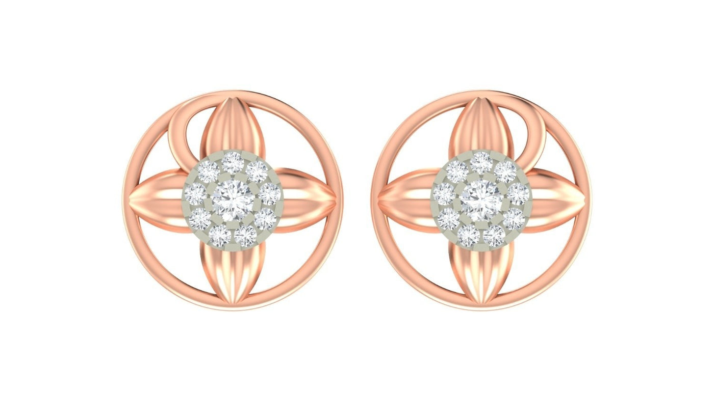 Rose gold and diamond round-shaped stud earrings on a white background