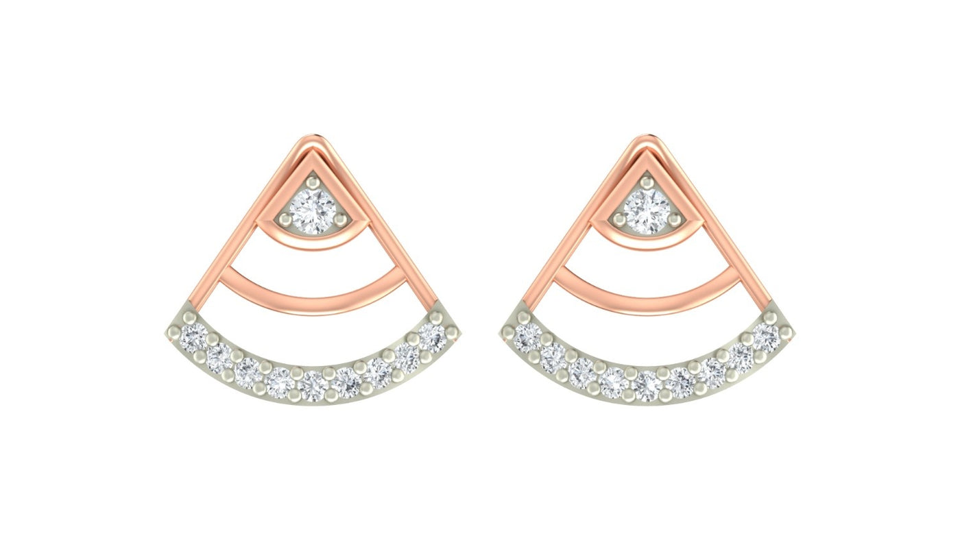 Rose gold and diamond geometric stud earrings on a white background