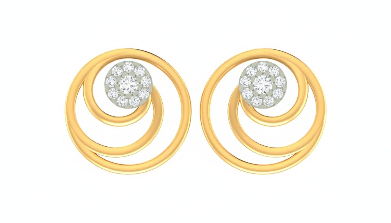 Yellow gold and diamond stud earrings with circular design on a white background.