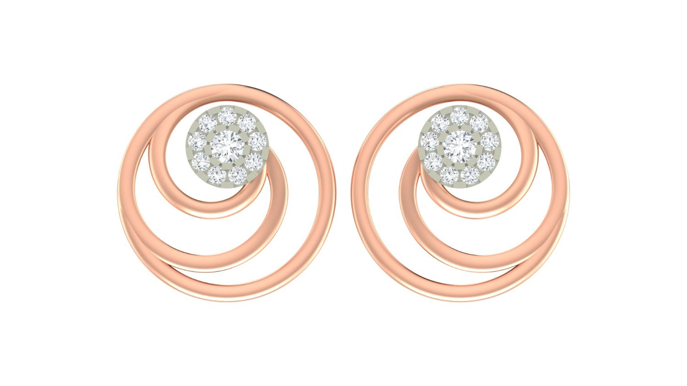 Rose gold and diamond stud earrings with circular design on a white background.