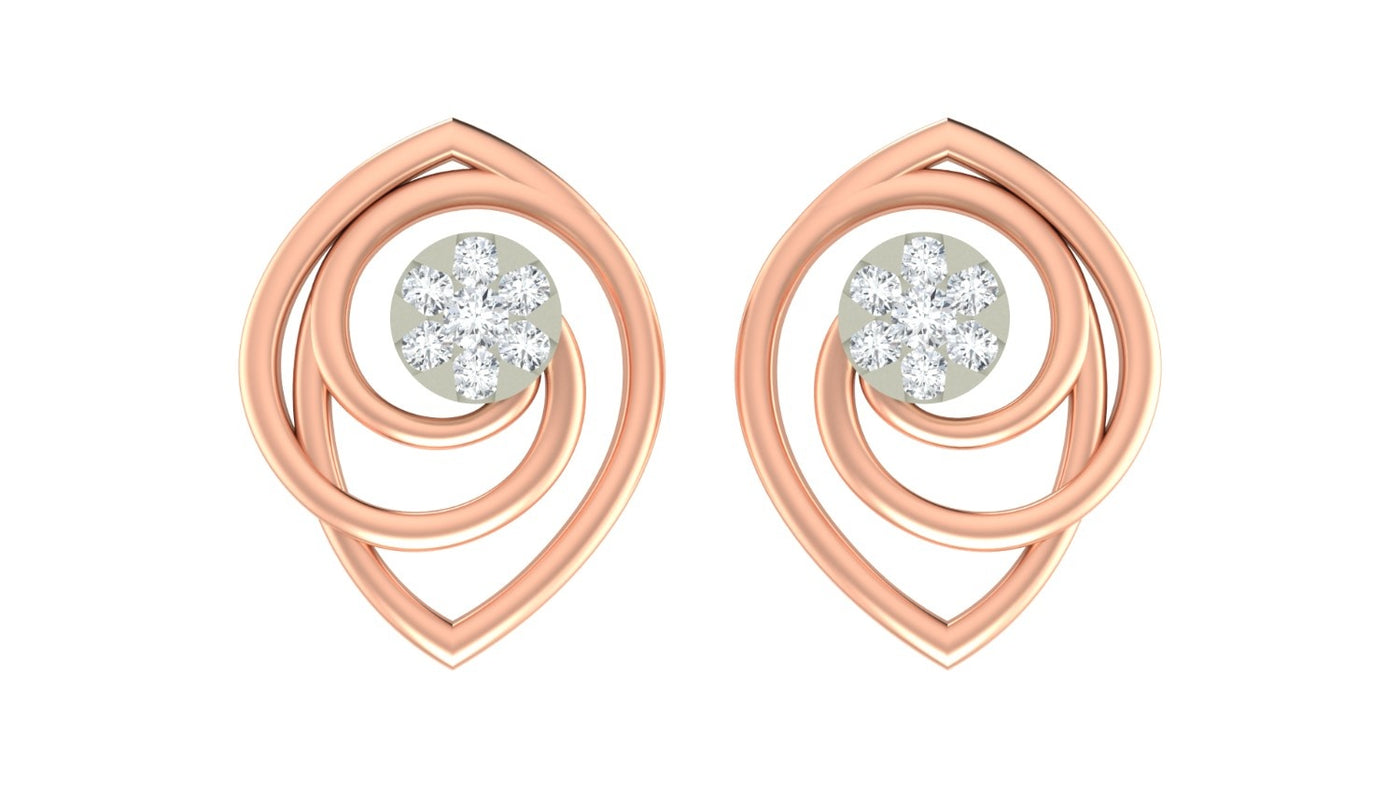 Rose gold and diamond earrings with circular designs on a white background.