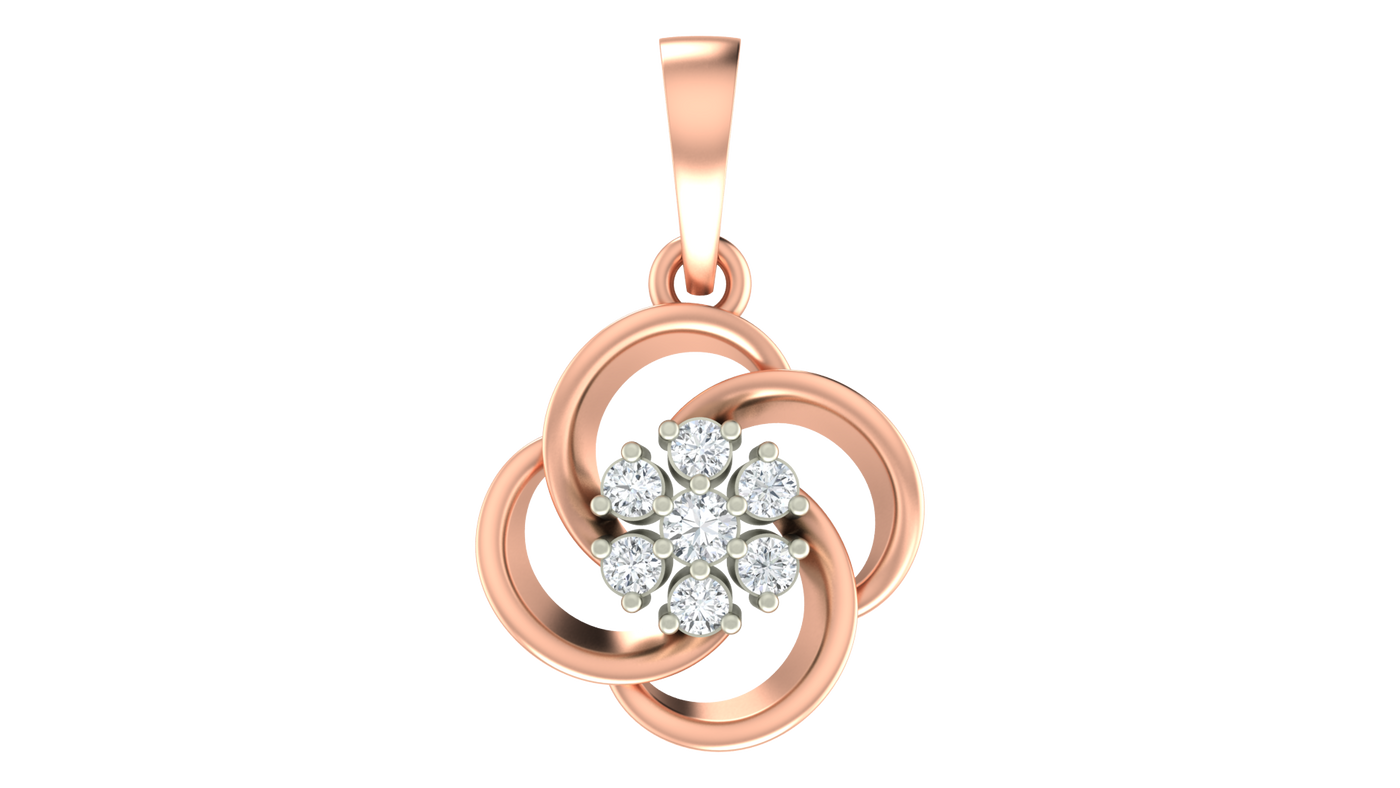Rose gold pendant with diamond flower design on a white background