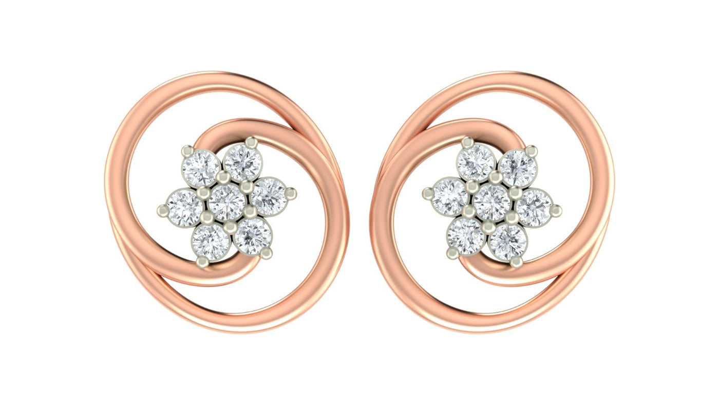 Rose gold and diamond stud earrings with circular-design on a white background