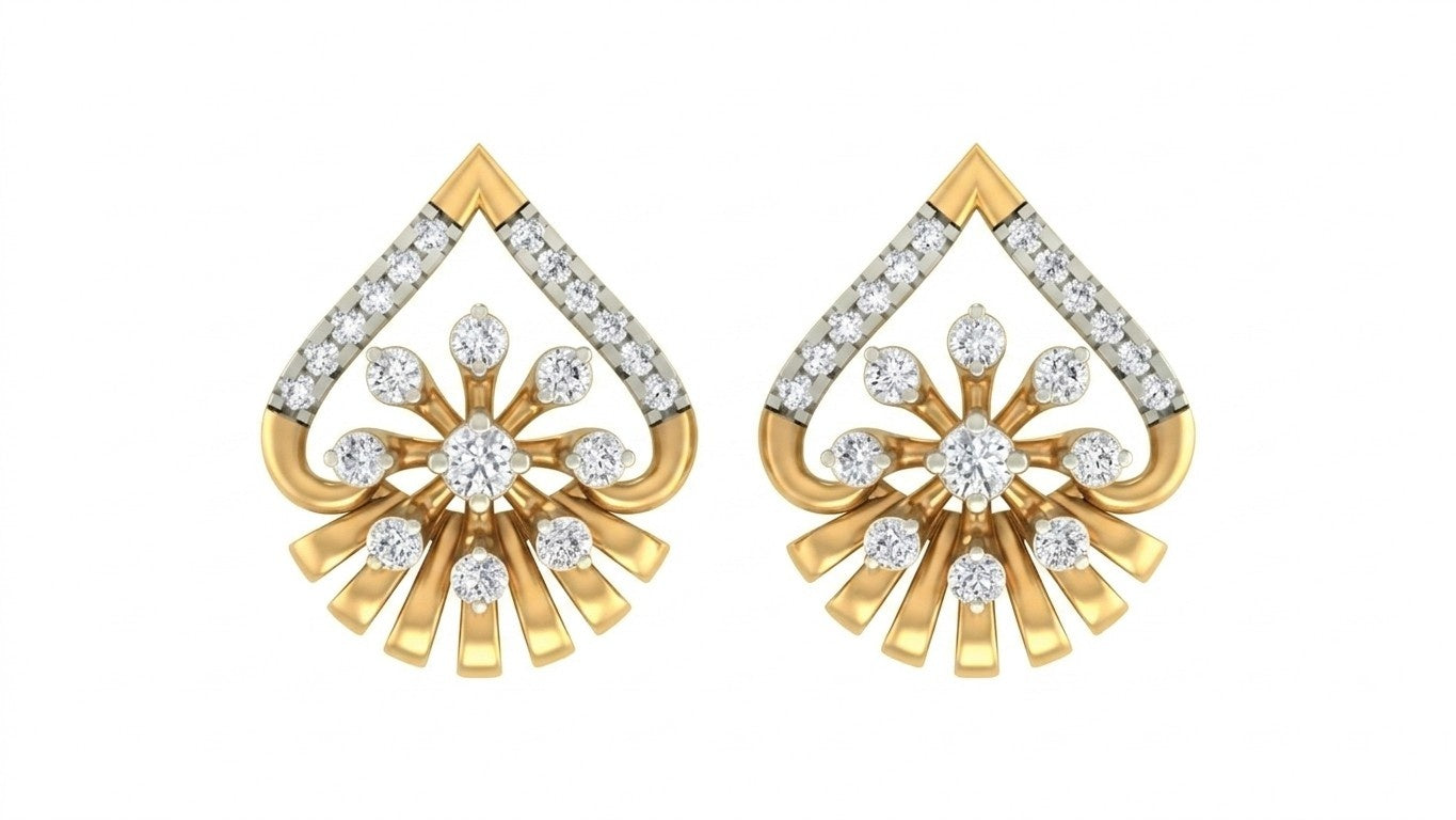 Pair of yellow gold and diamond earrings with diamond accents on a white background