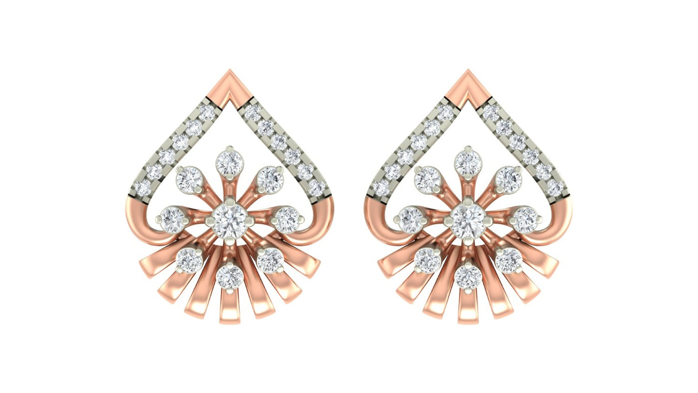 Pair of rose gold and diamond earrings with diamond accents on a white background