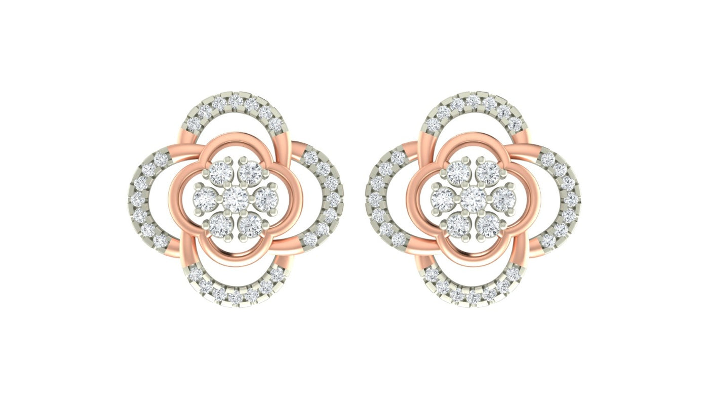 Rose gold and diamond stud earring with floral-shaped on a white background.