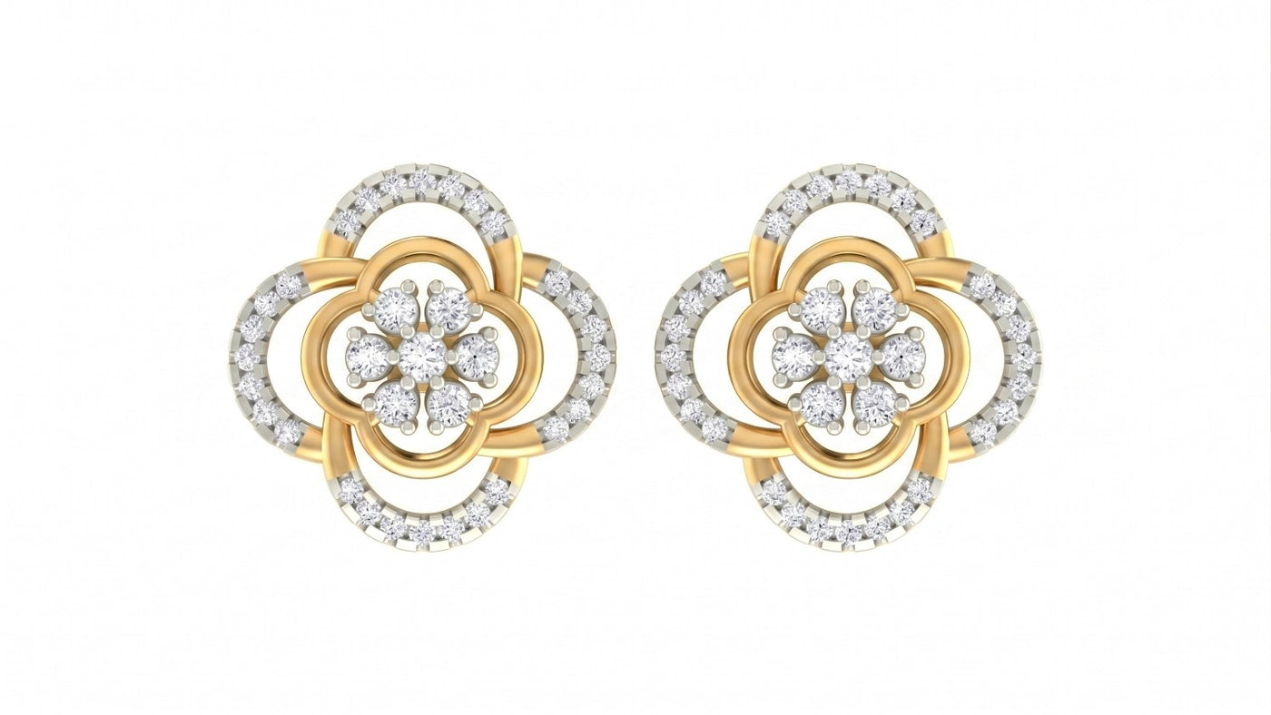 Yellow gold and diamond stud earring with floral-shaped on a white background.