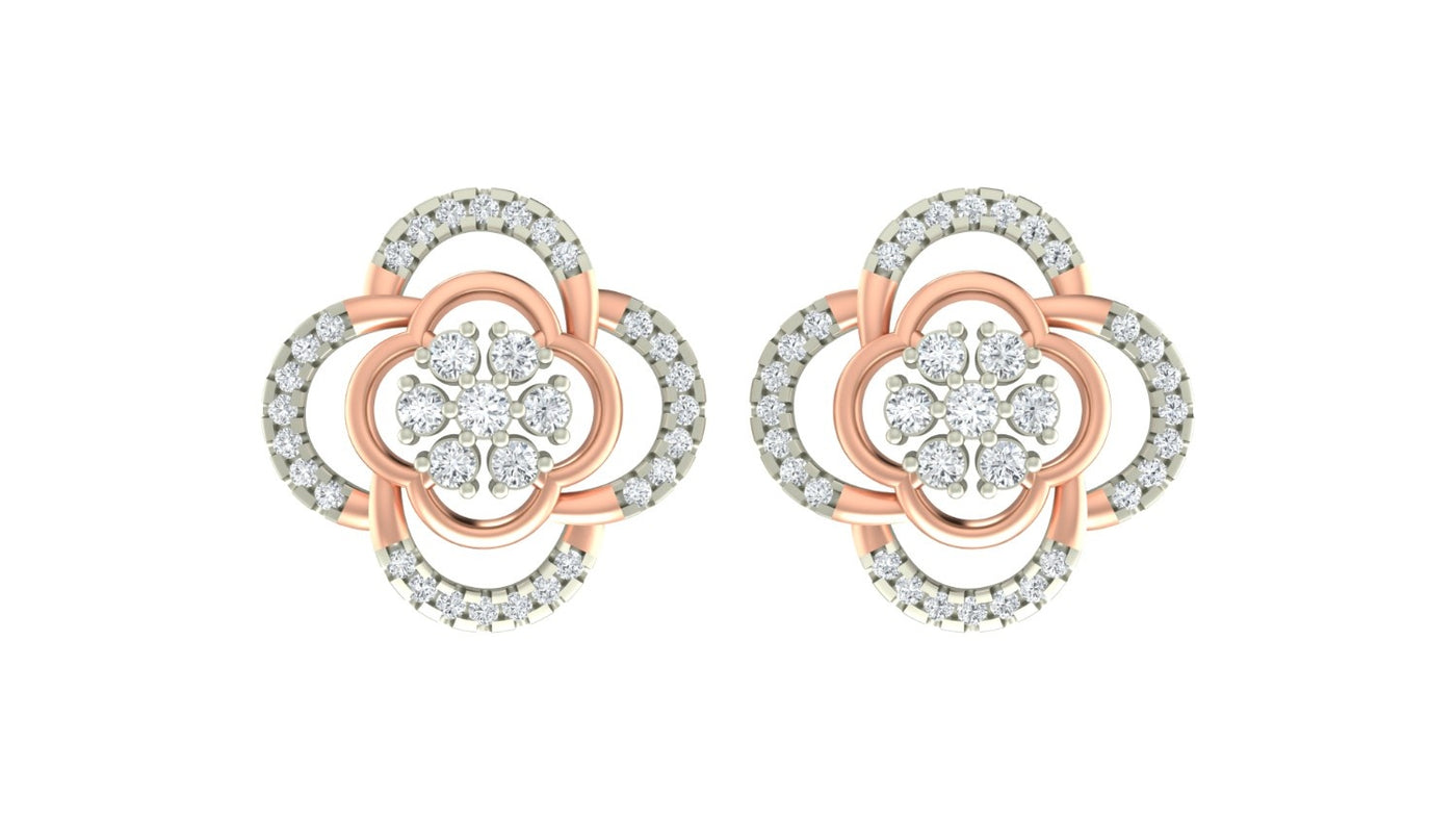 A pair of two-tone rose gold and diamond stud earrings with a floral design on a white background.