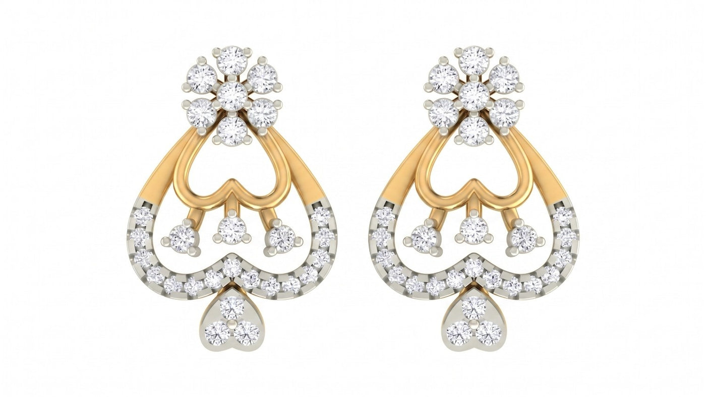 Pair of yellow gold and diamond heart-shaped stud earrings on a white background.