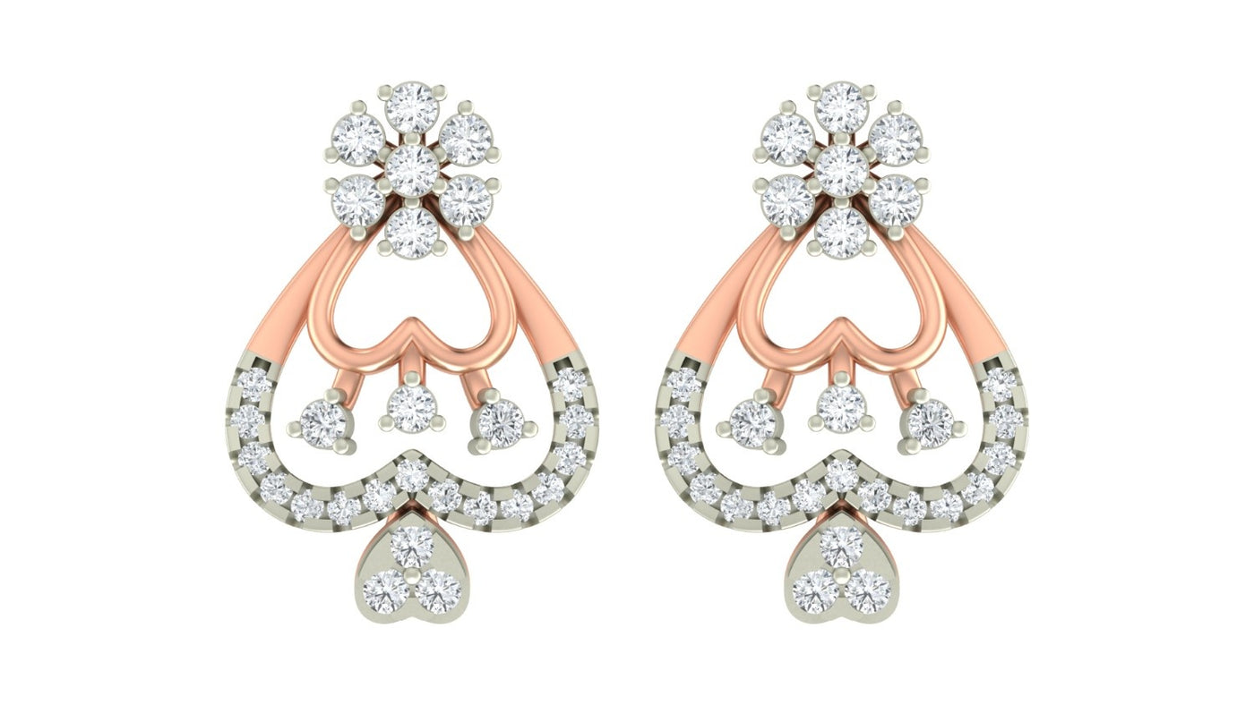 Pair of rose gold and diamond heart-shaped stud earrings on a white background.