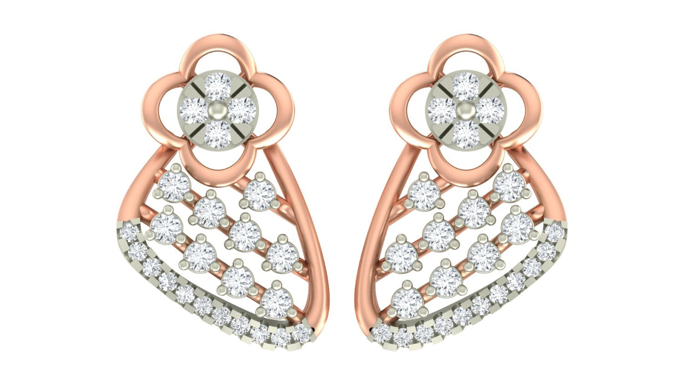 Pair of rose gold and diamond floral-design stud earrings on a white background.